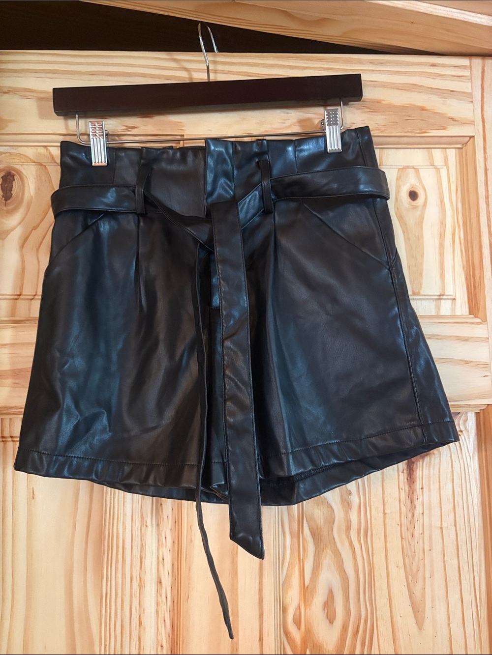 Altar'd State Black Faux Leather Paperbag Waist Shorts with Tie